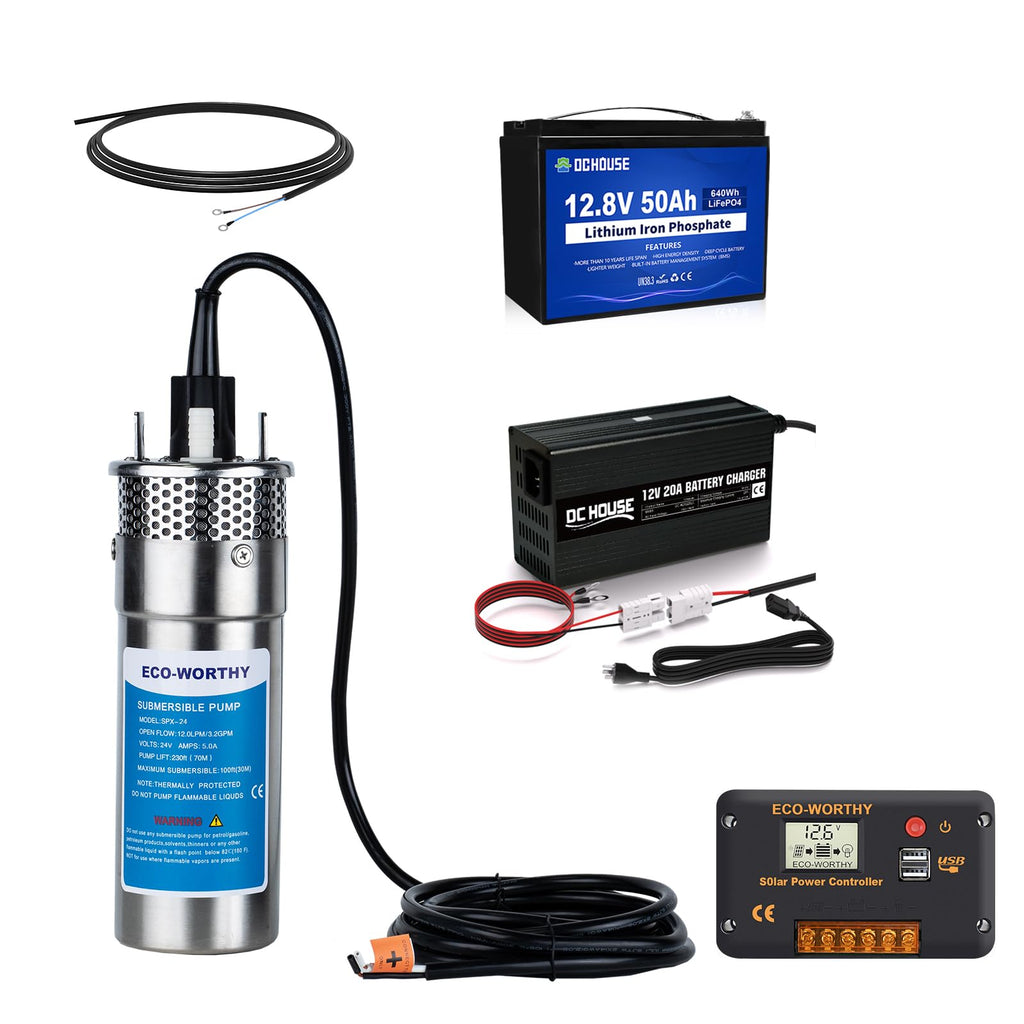 ECO-WORTHY 400W Solar Well Pump Kit, 24V Stainless Steel Deep Well Solar Pump System with 30 Lithium Battery, Controller and Cable for Garden, Tank, Farm, Delivered in Multiple Packages