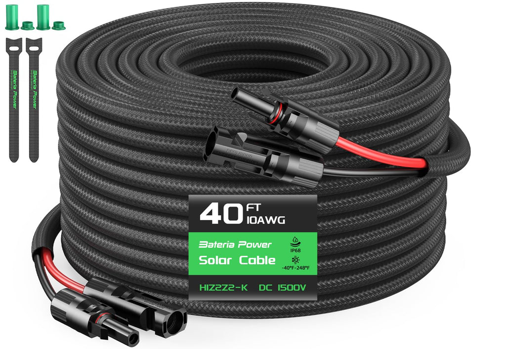 Bateria Power 10AWG 30FT Solar Panel Extension Cable, Flame Retardant Protective Sleeving Twin Wire 10 Gauge Solar Cable with IP68 Female & Male Waterproof Connectors, Dust Caps for Home, RV