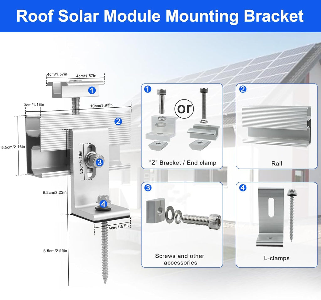 10PCS Solar Panel Mounting Brackets, Solar Panel Mount for 1-4PCS Thickness 1.4” Solar Panels, Solar Panel Brackets with 10x 6 Mini Rails 4X Water Drain Clips for Shingle,Slate,Metal and Tin Roof