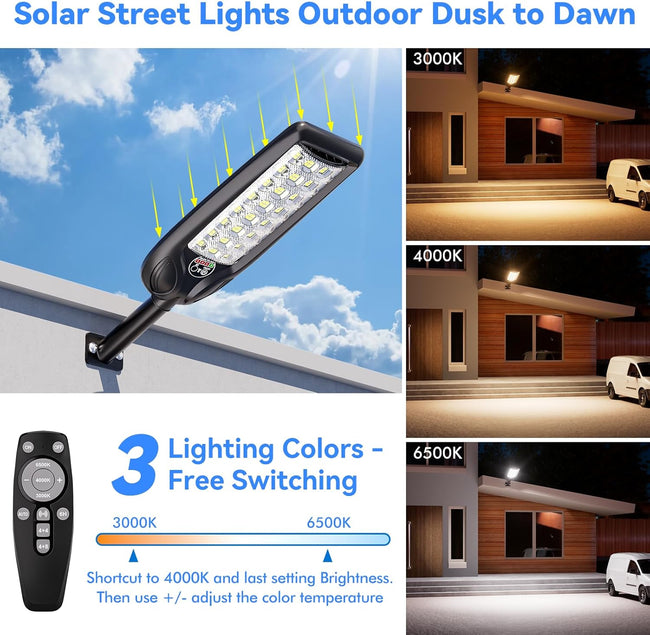 Solar Street Light Outdoor, 3 Color Warm White Waterproof 30000LM, Solar Powered Flood Security LED Lights Dusk to Dawn with Motion Sensor and Remote for for Parking Lot, Security, Garden, Garages Main Image