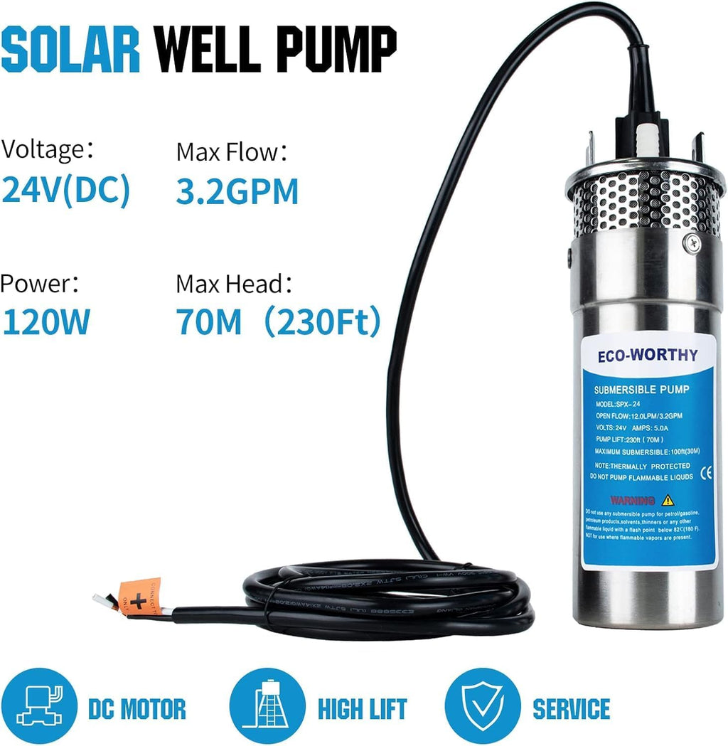 ECO-WORTHY 400W Solar Well Pump Kit, 24V Stainless Steel Deep Well Solar Pump System with 30 Lithium Battery, Controller and Cable for Garden, Tank, Farm, Delivered in Multiple Packages
