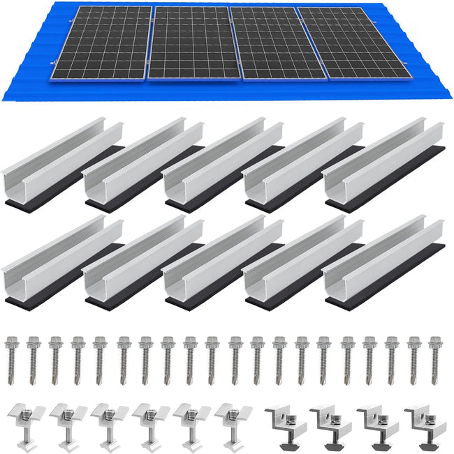 Solar Panel Mounting Brackets, Roof Mount Kit, Rails and Clamps Included for Thickness 1.18”-1.38”, 4pcs in A Row Assembly on Tin, Flat and Sheet Rooftop, Aluminum Alloy Hover Image