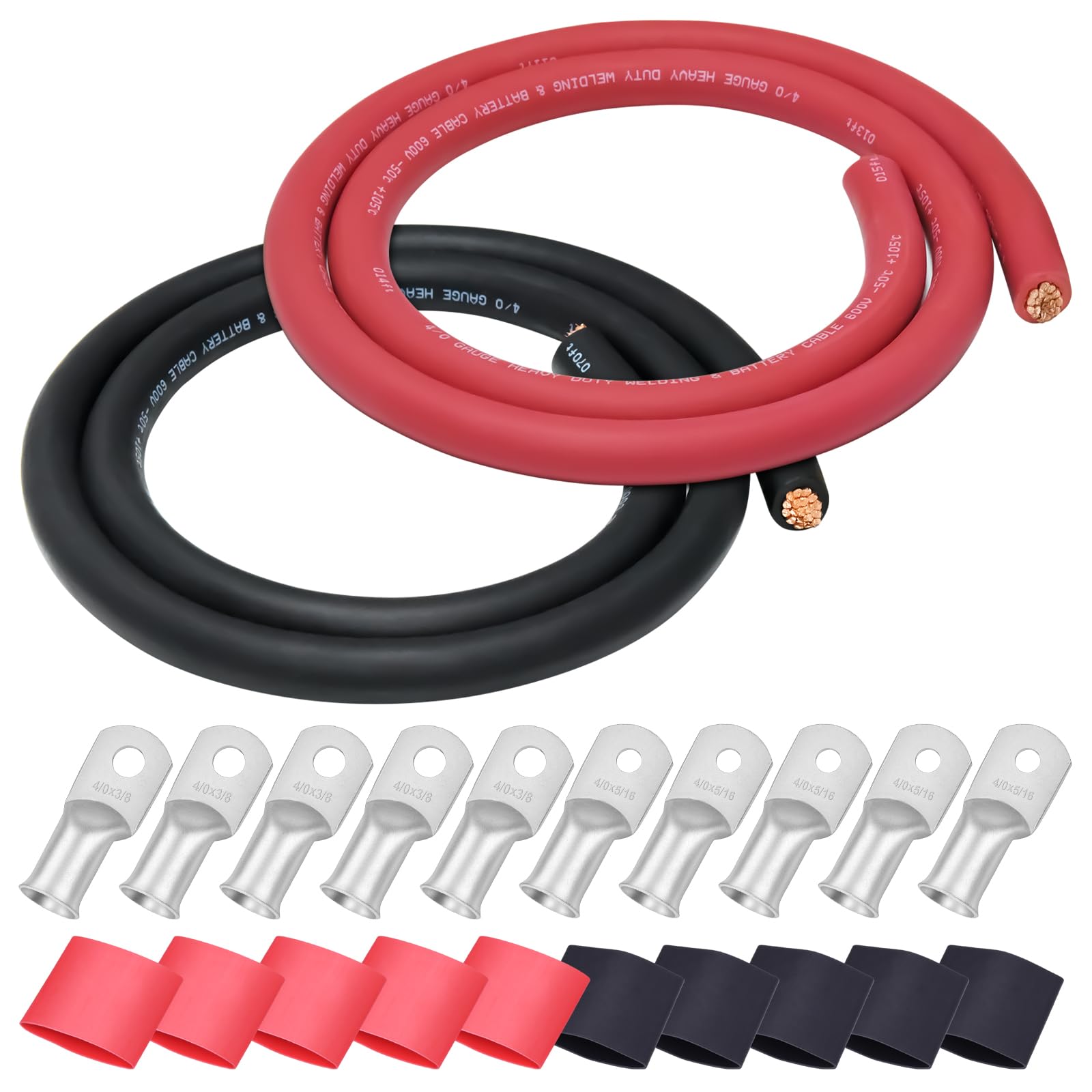 iGreely 4 AWG Gauge Wire Pure Copper Welding Battery Cable for Vehicle Solar,10Ft Black+10Ft Red Flexible OFC Cables with 5pcs of 5/16" & 5pcs 3/8" Copper Lug Terminal Connector Heat Shrink Tubing