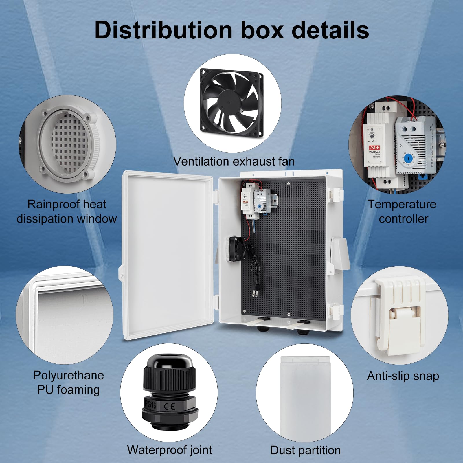 Namunanee Outdoor Electrical Box with Thermostat and Fan, ABS Water Resistant Enclosure with Internal Mounting Panel & Hinged Cover,16" H* 12" L* 5.9" W Plug & Play.