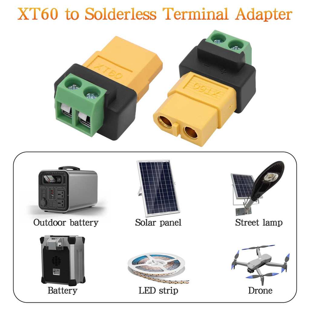 MEIRIYFA XT60 Solderless Connector Female to 2Pin Screw Terminal Adapter for Solar Panel、Portable Power Station,Unmanned Aerial Vehicles, Model Aircraft Plug 4Pcs