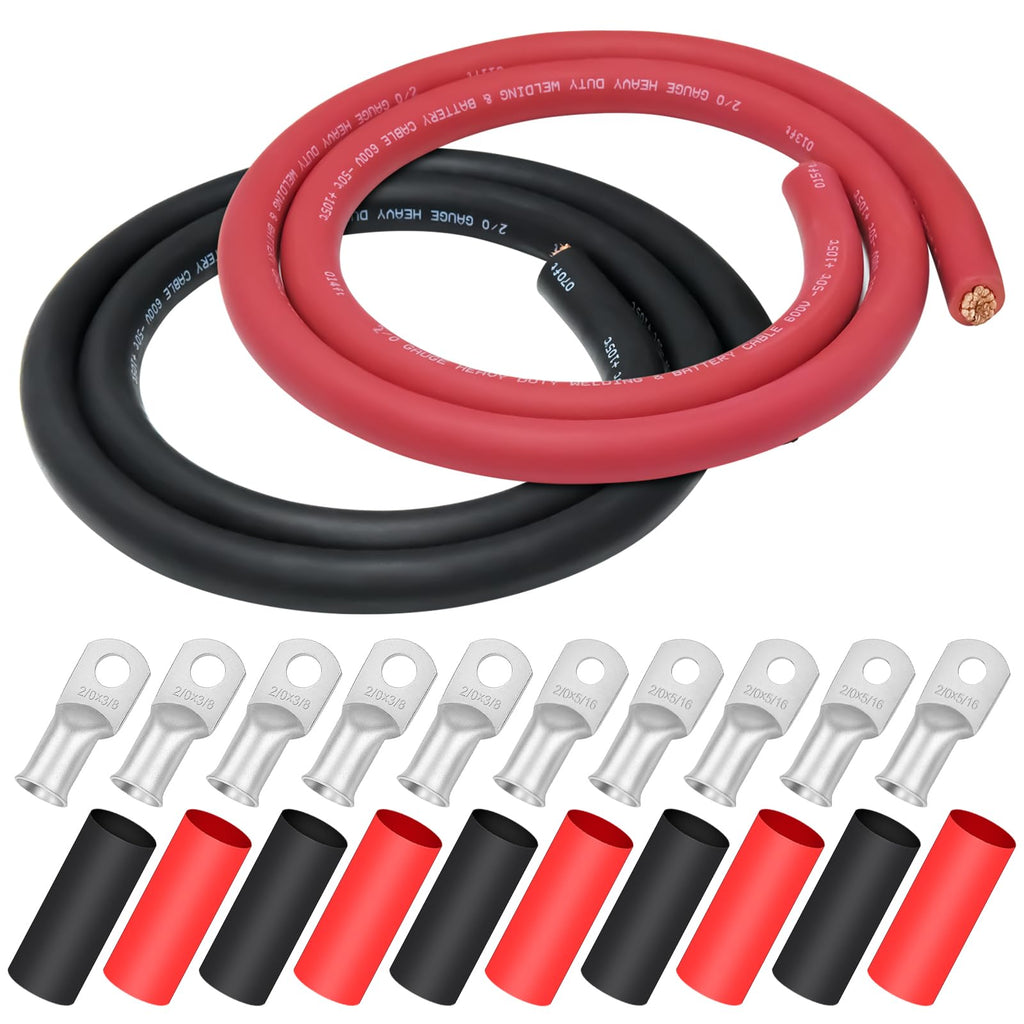 iGreely 4 AWG Gauge Wire Pure Copper Welding Battery Cable for Vehicle Solar,10Ft Black+10Ft Red Flexible OFC Cables with 5pcs of 5/16" & 5pcs 3/8" Copper Lug Terminal Connector Heat Shrink Tubing