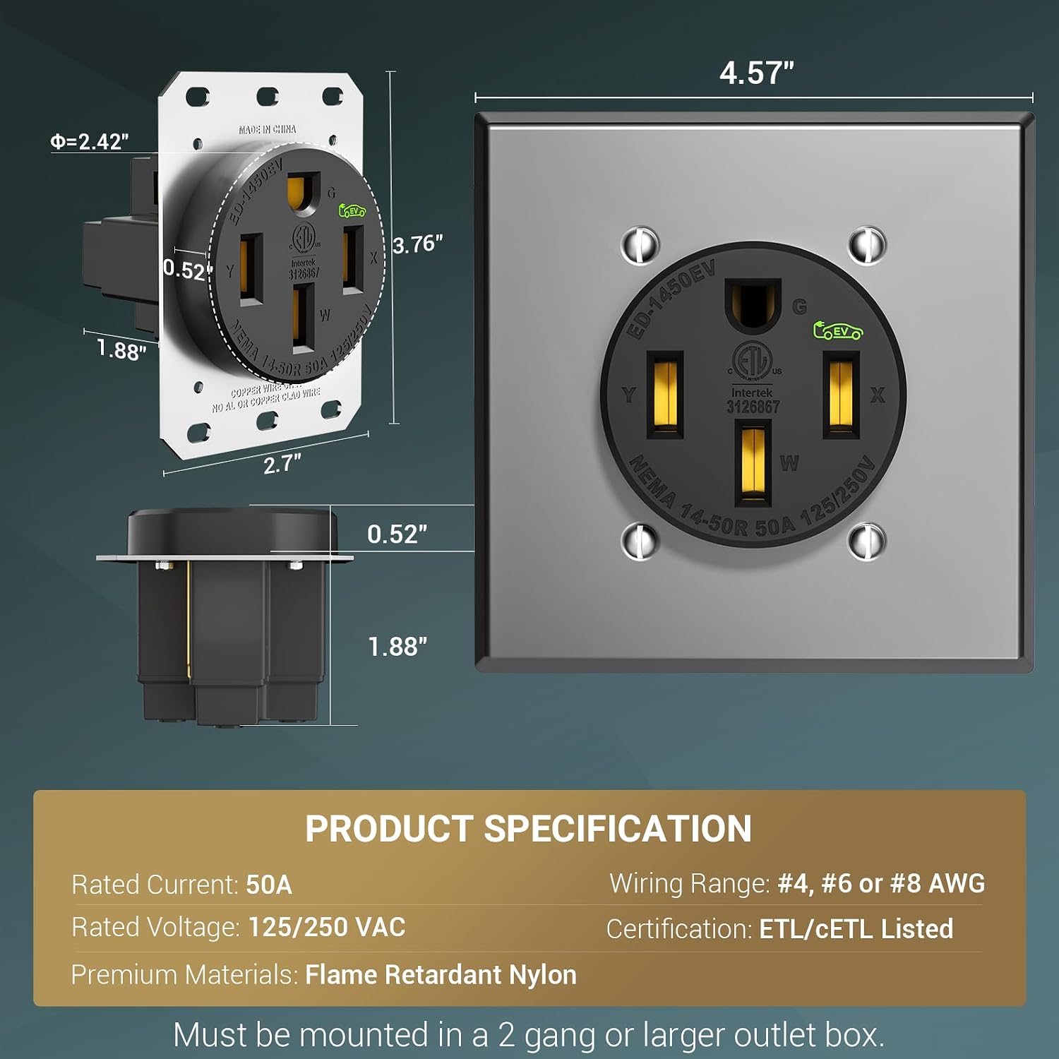 Nema 14-50 EV Outlet with Wall Plate Kit, Heavy Duty 50 amp EV Charging Straight Blade Device Receptacle, 3-Pole 4-Wire Grounding, 50A 125/250V,ETL Listed,Black