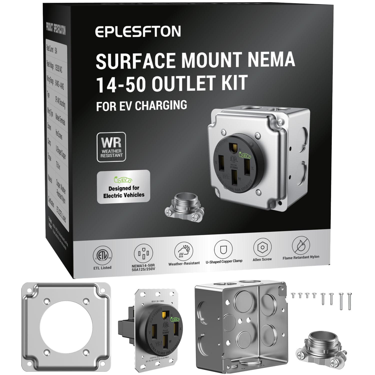 Nema 14-50 EV Outlet with Surface Mount Box Kit, Weather Resistant 50 amp EV Charging Straight Blade Device Receptacle, 3-Pole 4-Wire Grounding, 50A 125/250V,ETL Listed,Black