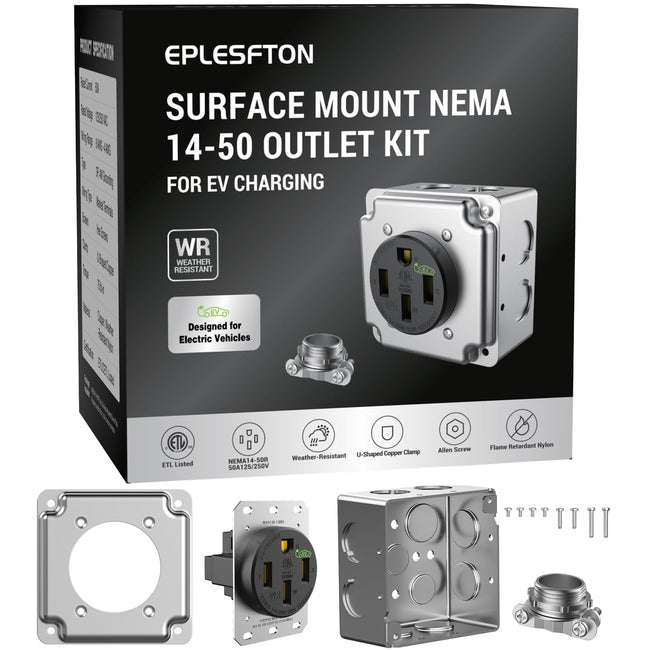 Nema 14-50 EV Outlet with Surface Mount Box Kit, Weather Resistant 50 amp EV Charging Straight Blade Device Receptacle, 3-Pole 4-Wire Grounding, 50A 125/250V,ETL Listed,Black Hover Image