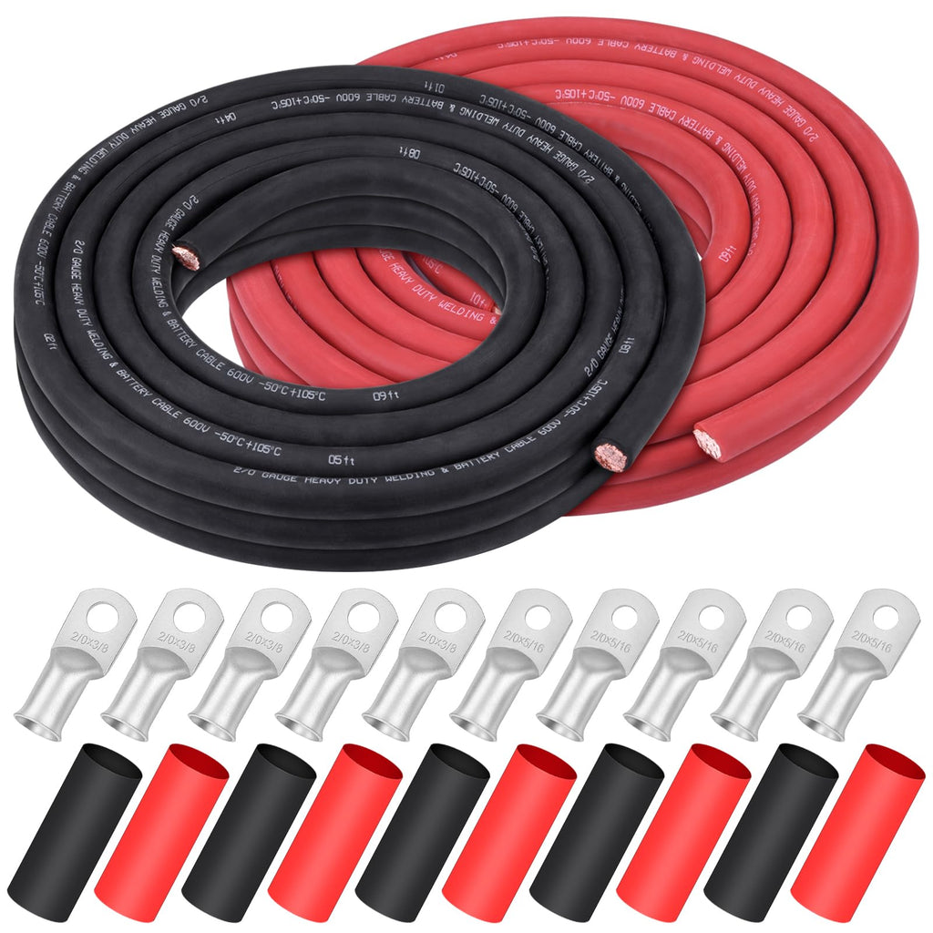 iGreely 4 AWG Gauge Wire Pure Copper Welding Battery Cable for Vehicle Solar,10Ft Black+10Ft Red Flexible OFC Cables with 5pcs of 5/16" & 5pcs 3/8" Copper Lug Terminal Connector Heat Shrink Tubing