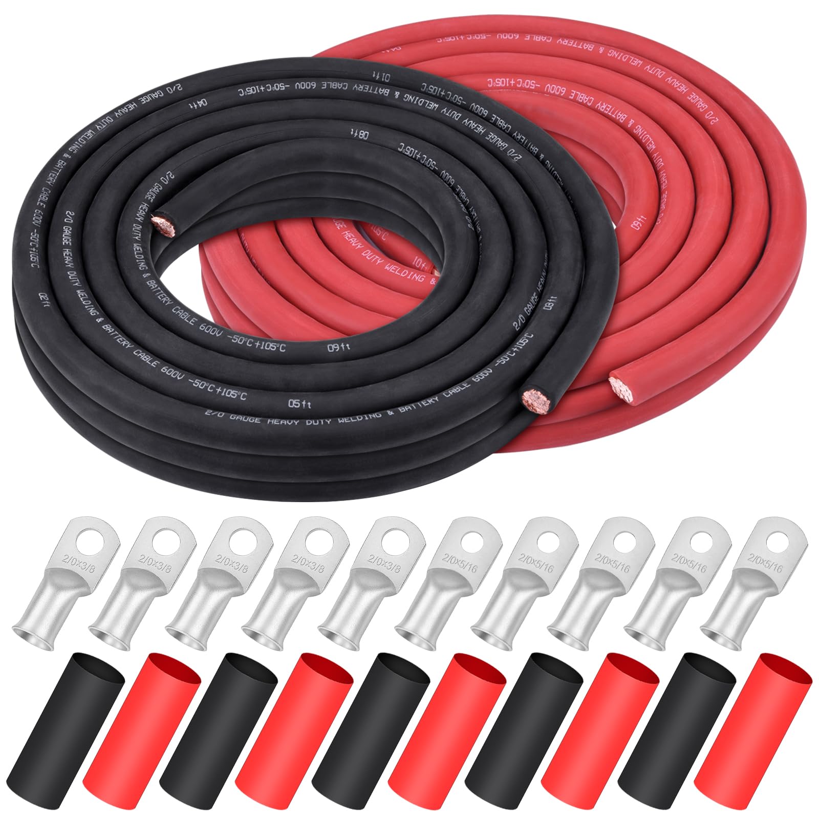 iGreely 4 AWG Gauge Wire Pure Copper Welding Battery Cable for Vehicle Solar,10Ft Black+10Ft Red Flexible OFC Cables with 5pcs of 5/16" & 5pcs 3/8" Copper Lug Terminal Connector Heat Shrink Tubing