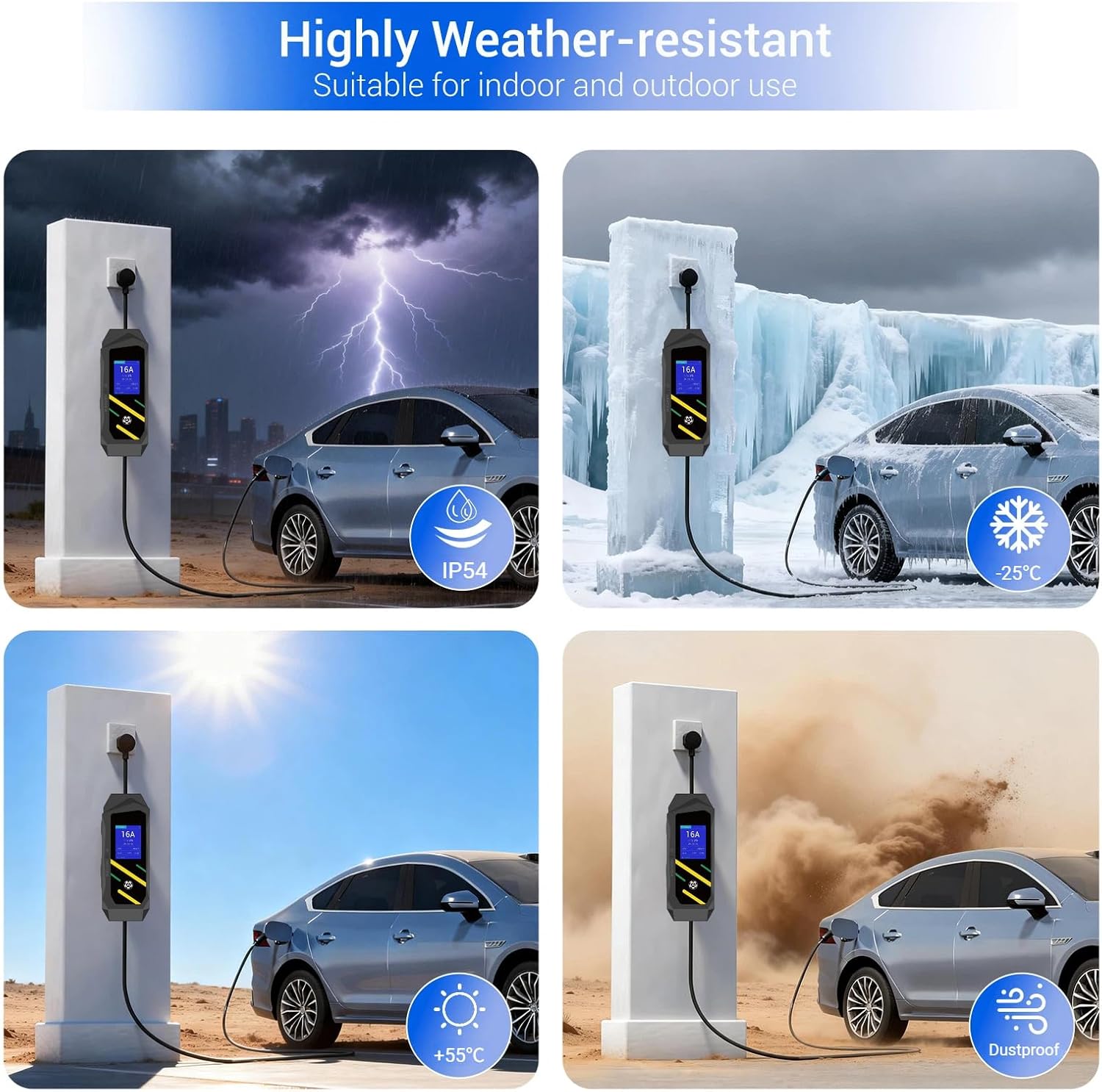 GB/T Portable EV Charger, NEMA 5-15 Plug, Adjustable 8-16A, 110V, LCD Display, 16.4ft Cable, Delayed Charging