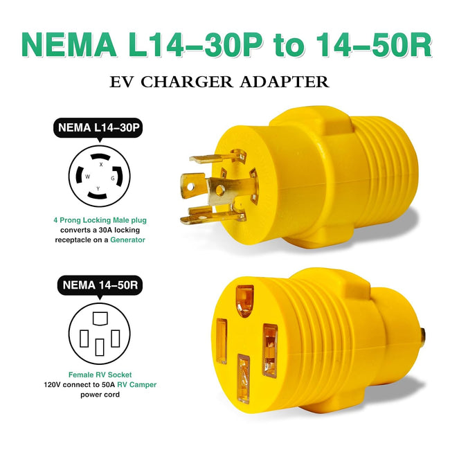 RV Generator Adapter, 30 Amp to 50 Amp Twist Locking Generator , Heavy Duty for RV Trailer Camper Generator EV Tesla Level 2 Charging (L14-30P to 14-50R) Main Image
