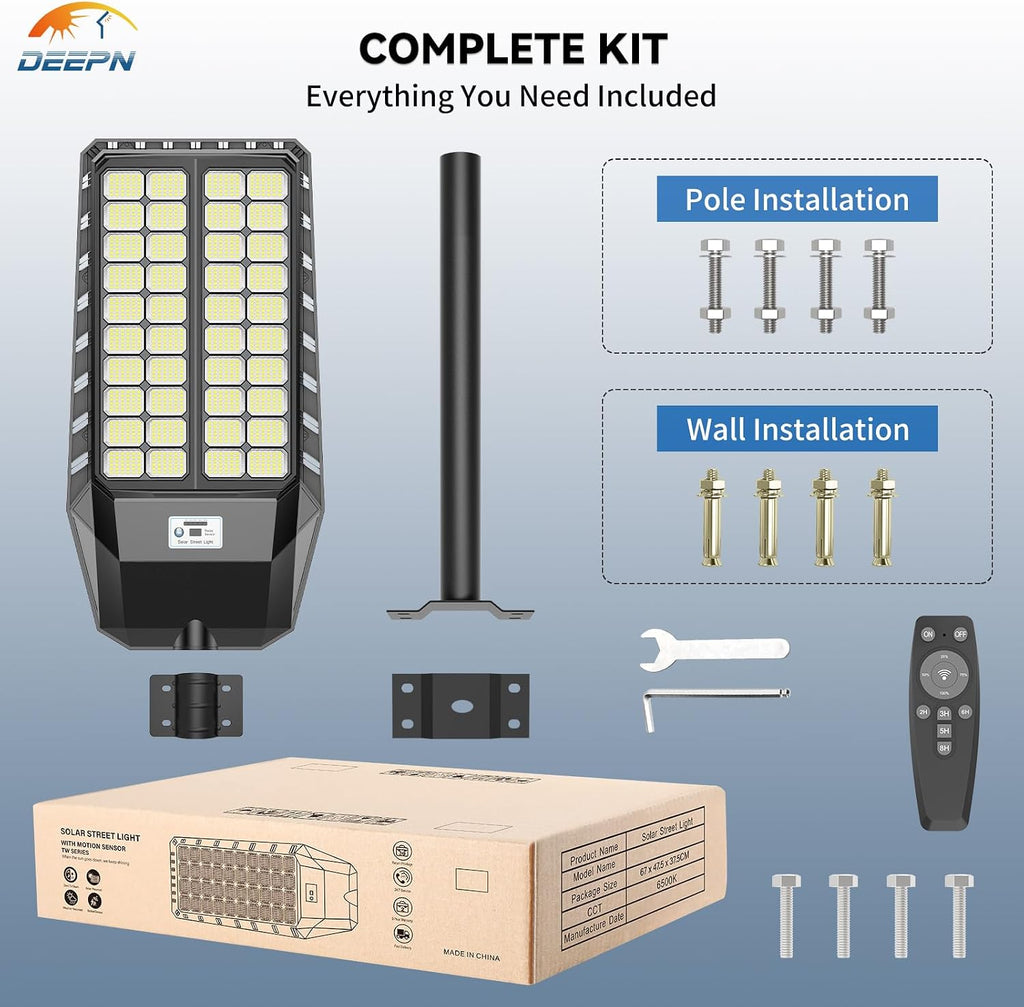 Deepn 10000W Solar Lights Outdoor, 6500K Super Bright Commercial Solar Lights with PIR Motion Sensor, Auto On/Off Dusk to Dawn IP67 Waterproof Outdoor Lighting for Yard, Driveway, Parking Lot, 2 Pack
