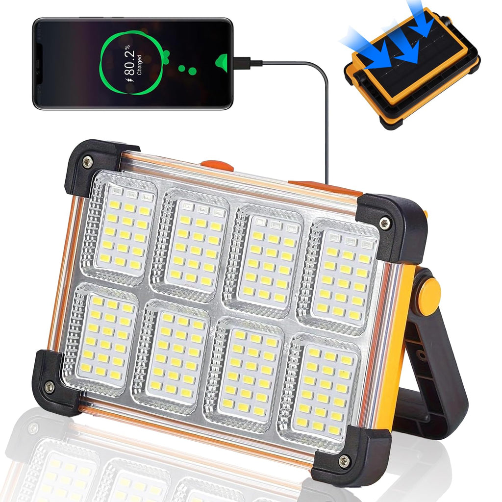 120W Solar Rechargeable Work Light, 144 LED 10000LM Portable Flood Light with Stand, IP66 Waterproof 4 Modes LED Job Site Lighting Flashlights for Mechanic Camping Fishing Car Repair