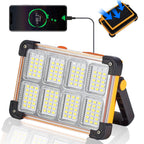 120W Solar Rechargeable Work Light, 144 LED 10000LM Portable Flood Light with Stand, IP66 Waterproof 4 Modes LED Job Site Lighting Flashlights for Mechanic Camping Fishing Car Repair
