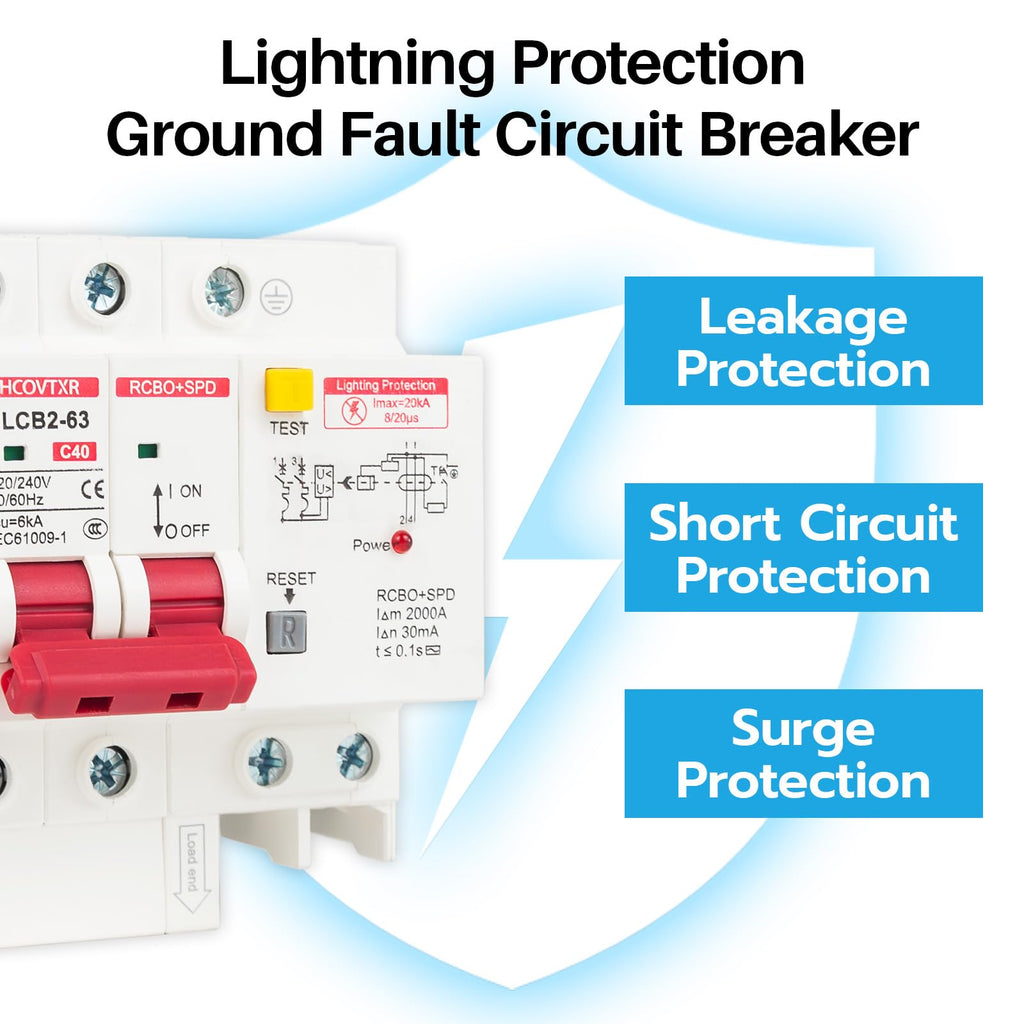 HCOVTXR 120V-240V Circuit Breaker with Leakage Protection,40 Amp RCBO and Surge Protector Breaker,DIN Rail Mount Ground Fault Circuit Breaker for Residential Industrial Outdoor
