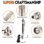 Areyourshop 3" 48V 750W MPPT Screw Solar Bore Pump Submersible Deep Well Maximum Head 140M 750W Deep Well Solar Pump with Strong Brushless Motor