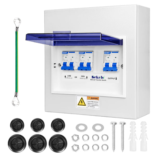 Sekelo 63 Amp Generator Transfer Switch, 120/240V Prewired Manual Transfer Switch with 3 Circuit Breakers, Overload Protection, Easy Installation for Portable Generators & Solar Power Systems Hover Image