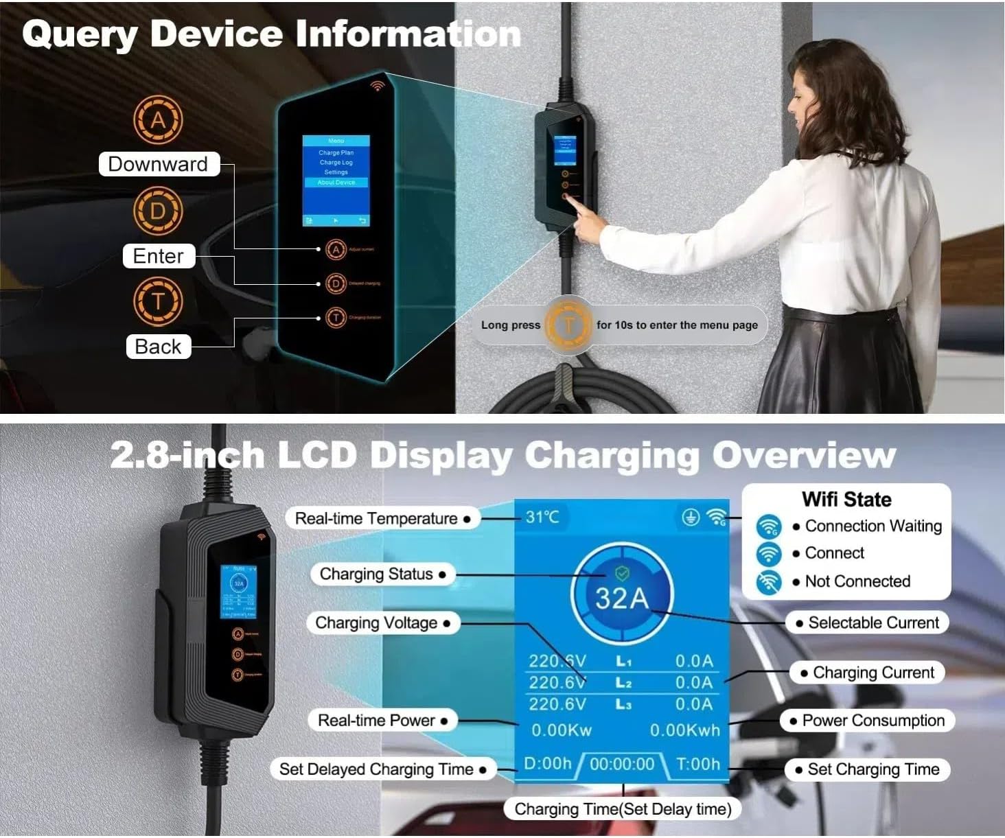 Type 2 Portable EV Charger, IEC 62196 EV Charging Station, 8-32amp Adjustable, 7kW Single Phase, 85-264V, Plug and Play, 5m(16.4ft)