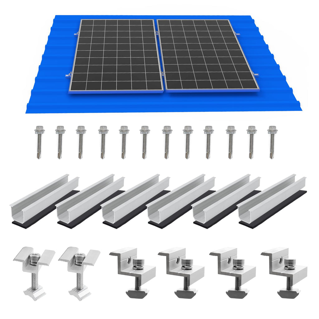 Solar Panel Mounting Brackets, Roof Mount Kit, Rails and Clamps Included for Thickness 1.18”-1.38”, 4pcs in A Row Assembly on Tin, Flat and Sheet Rooftop, Aluminum Alloy