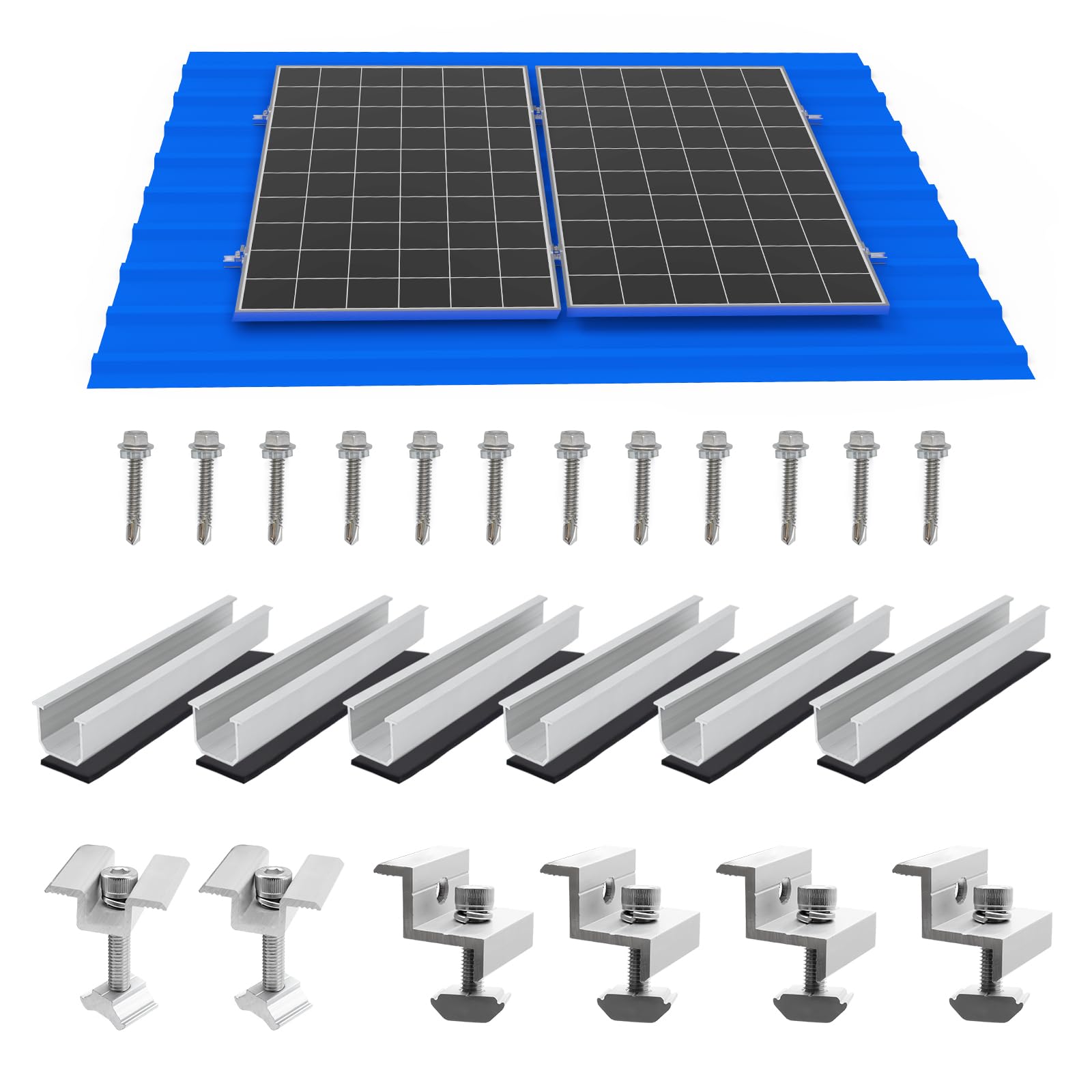 Solar Panel Mounting Brackets, Roof Mount Kit, Rails and Clamps Included for Thickness 1.18”-1.38”, 4pcs in A Row Assembly on Tin, Flat and Sheet Rooftop, Aluminum Alloy