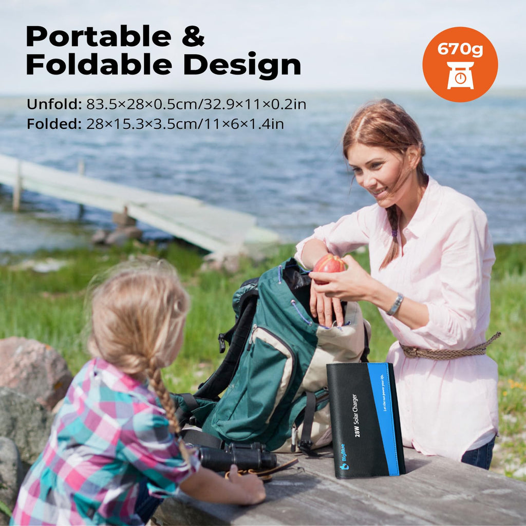 BigBlue Portable Solar Charger 28W with Digital Ammeter,25.4% High-Efficiency, USB-A/USB-C Ports, Folding Waterproof Solar Panels with Carabiners for Camping, Backpacking, Phones, Tablets, Power Bank