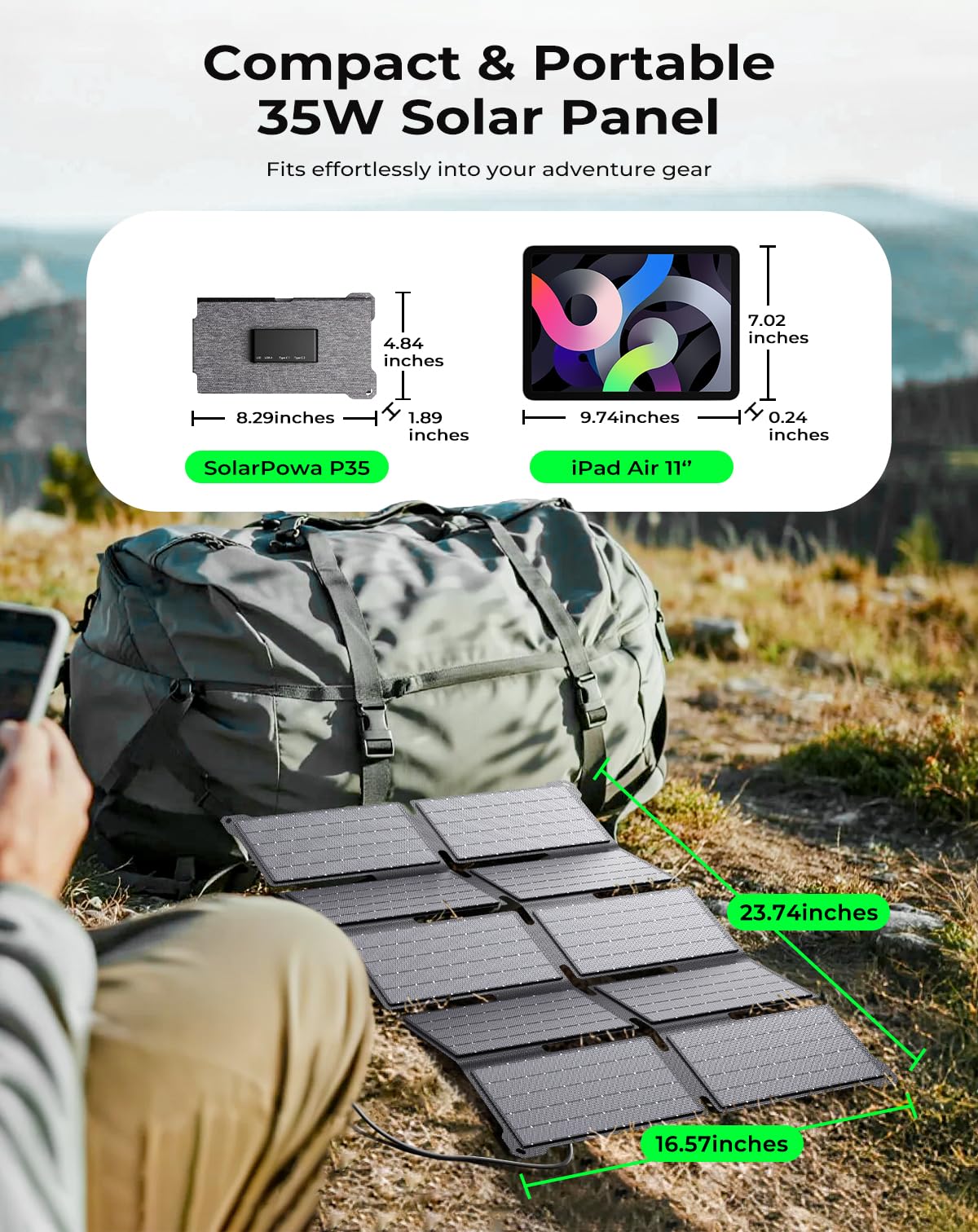 BigBlue Portable 35W Solar Panel Charger with Fast Charging USB-A and PD 25W USB-C for Camping Backpacking, 1.54 lbs, IP68 Waterproof, Folding Solar Phone Charger for iPhone/Android, iPad, Power Bank