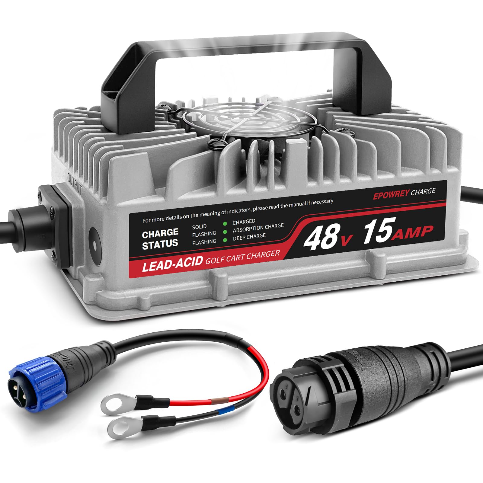 EPOWREY 15 AMP 48 Volt Golf Carts Battery Charger for Club Car 3-Pin Round Plug,for Lead Acid Battery