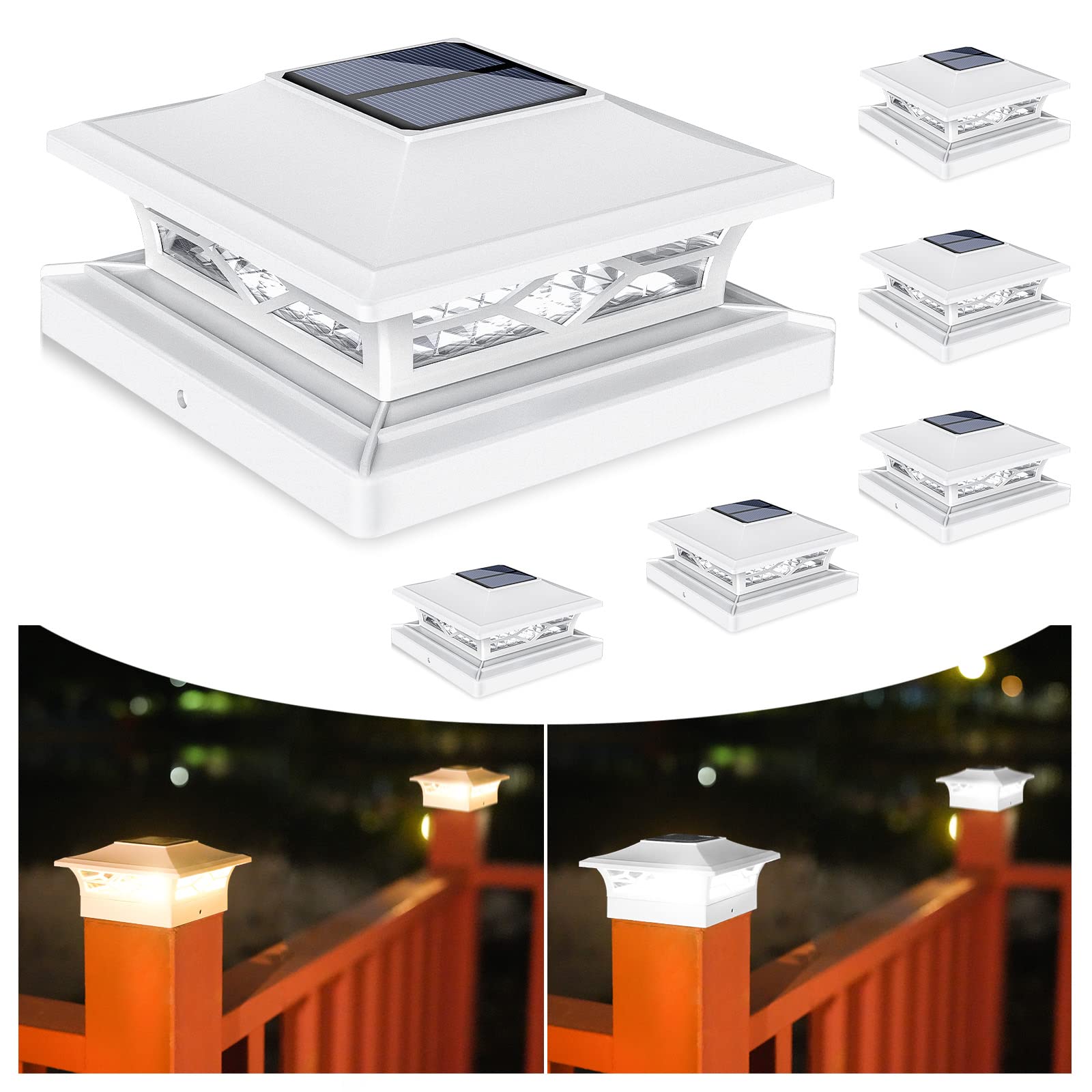 VOLISUN Solar Post Cap Lights: 8 - Pack Outdoor Deck Post Cap Lights White for Dock Fence Waterproof 2 Color Modes,4x4/6x6 Wooden/Vinyl Posts