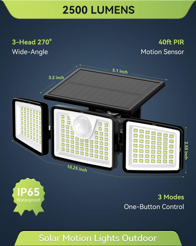 daphino 2500LM Solar Lights Outdoor with Motion Sensor,3 Head 270° Wide Angle Street Area Lights, IP65 Waterproof Security Lighting with 3 Modes(Non-Remote,2 Pcs) Main Image