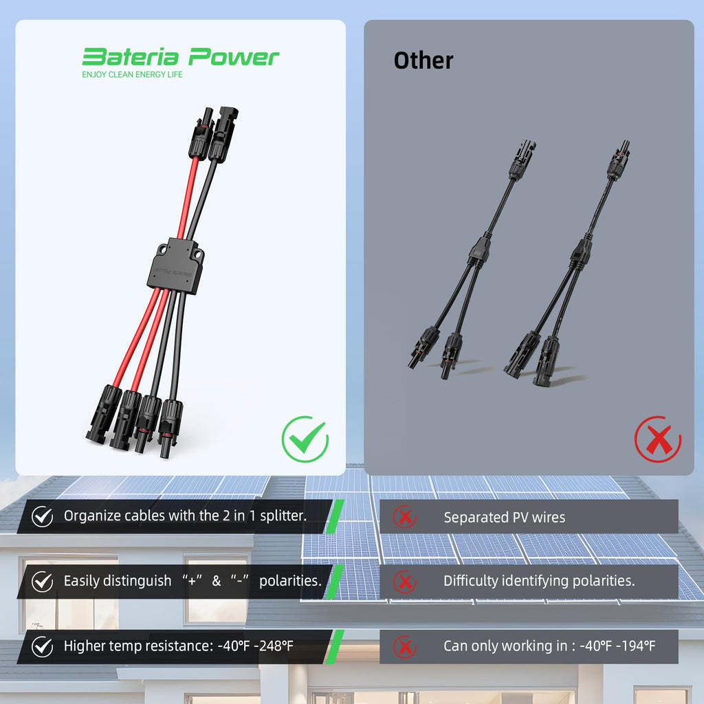 Bateria Power Solar Connectors for 2 Solar Panels, IP68 Waterproof Solar Panel Connectors Splitter, 4 to 2 Y Branch Parallel Adapter for Solar Cable Extension