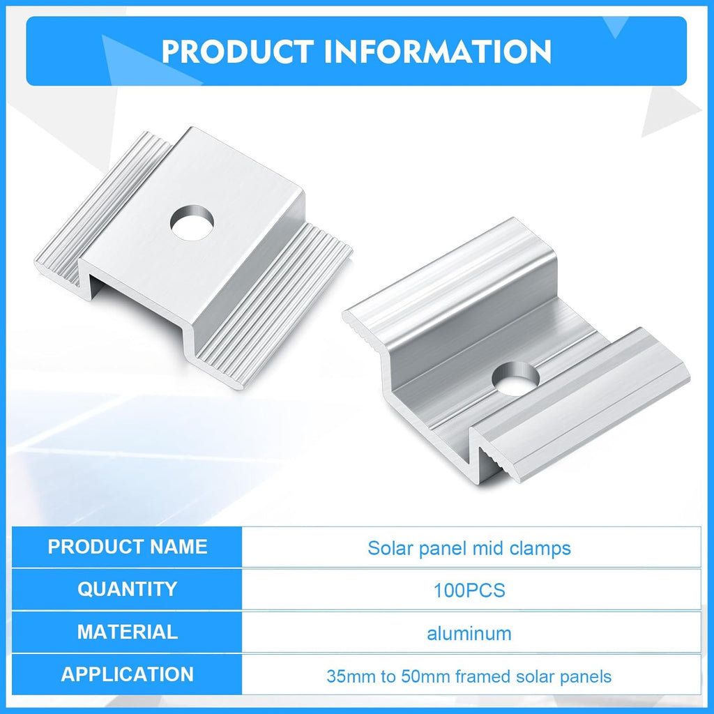 Zhengmy 100 Pack Solar Panel Mid Clamps 1.06 Inch Solar Panel Bracket Aluminium Mounting Accessories Aluminum Solar Mid Clamp for Solar Panel Mounting Solar Panel Mid Clamp