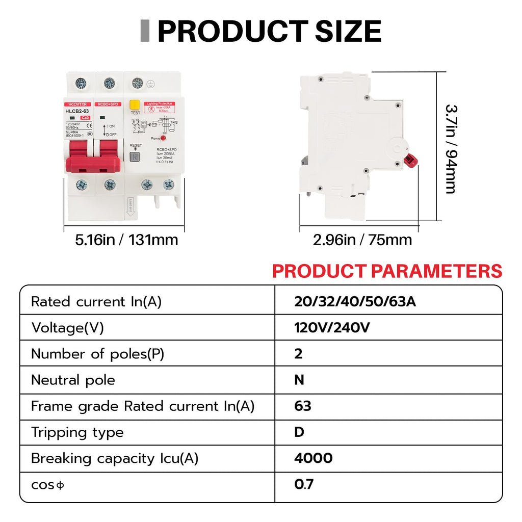 HCOVTXR 120V-240V Circuit Breaker with Leakage Protection,40 Amp RCBO and Surge Protector Breaker,DIN Rail Mount Ground Fault Circuit Breaker for Residential Industrial Outdoor
