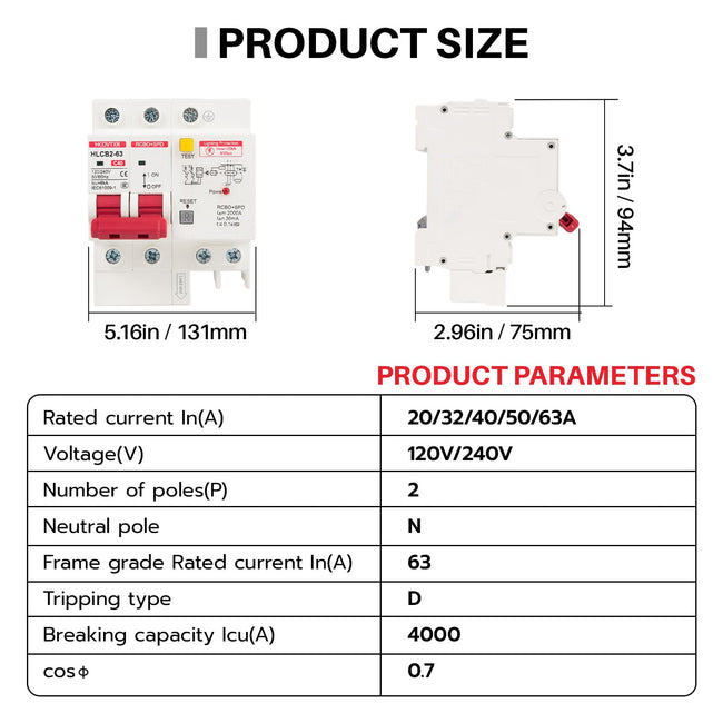HCOVTXR 120V-240V Circuit Breaker with Leakage Protection,40 Amp RCBO and Surge Protector Breaker,DIN Rail Mount Ground Fault Circuit Breaker for Residential Industrial Outdoor Main Image