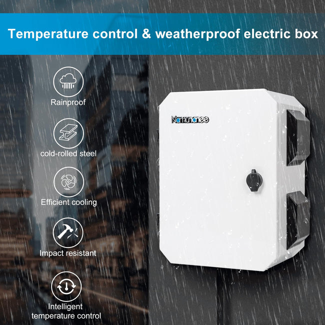 Outdoor Electrical Box with Thermostat and Fan, Cold-Rolled Steel Plate, Aluminum Alloy Back Beam, One-Piece Ventilation Design, IP65 Waterproof, Wall/Pole Mounted. (15.7" x 11.8" x 7.9") Main Image