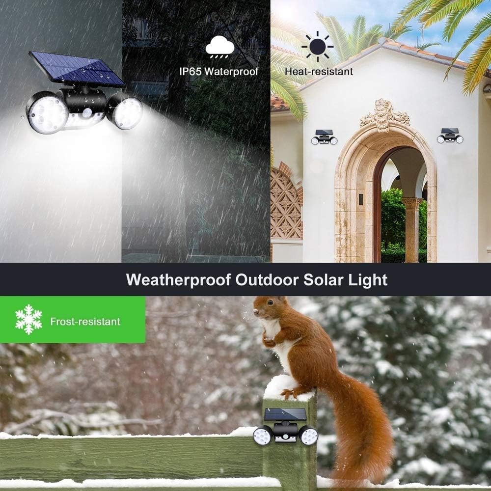 Solar Lights Outdoor, Motion Sensor Security Lights Solar Wall Lights with Dual Head Spotlights LED Waterproof 360° Adjustable Solar Motion Lights Outdoor for Garden Garage Patio, 1 Pack