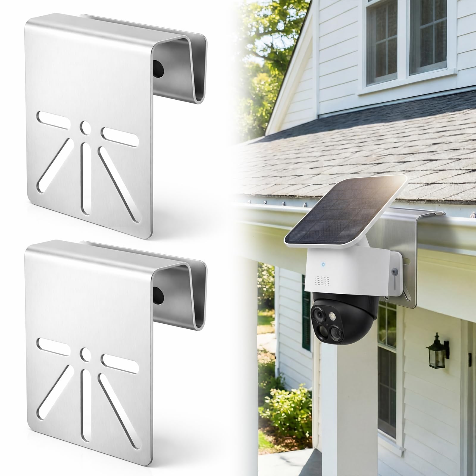 Saysurey 2 Pcs Standard Size Gutter Mount Stainless Steel Bracket No-Drill Anti-Rust Solar Security Camera Holder with Stainless Screws Gutter Mount for Security Camera Outdoor Use