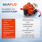 SEAFLO 55 Series 12V RV Water Pump 5.5 GPM 60 PSI Diaphragm Pump Heavy Duty Pressure Switch Built In Bypass Self Priming Quiet High Flow RV Marine Off Grid Freshwater System 4-Year Warranty