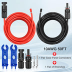 10AWG Solar Extension Panel Cable - 50FT Solar Wire with Waterproof Female and Male Connector and Solar Panel Adaptor Kit Tool PV Wire for RV, Home, Boat, Solar Panels(50feet Red + 50feet Black)