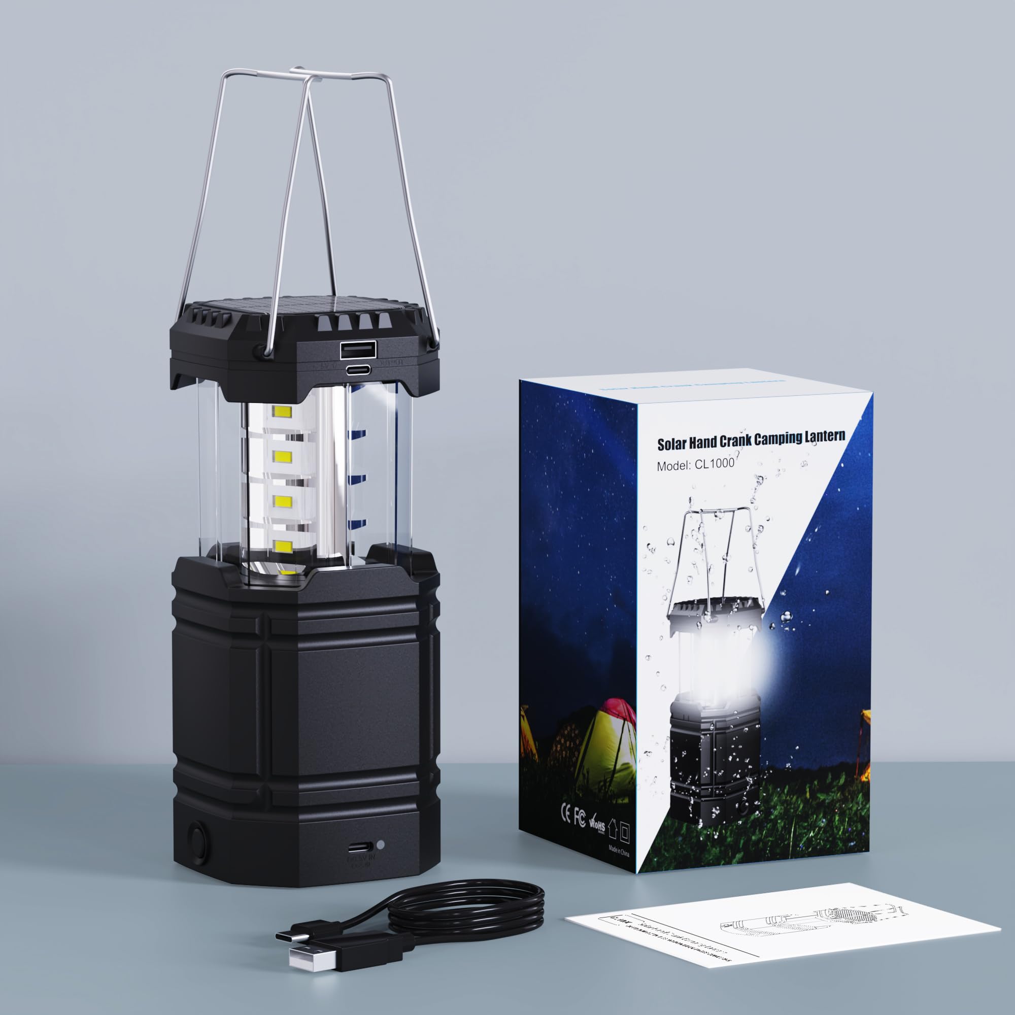 3000mAh Large Capacity Hand Crank Solar Camping Lantern, Portable Ultra Bright LED Torch, 23-26 Hours Running Time, USB Charger, Electronic Lantern for Outdoor