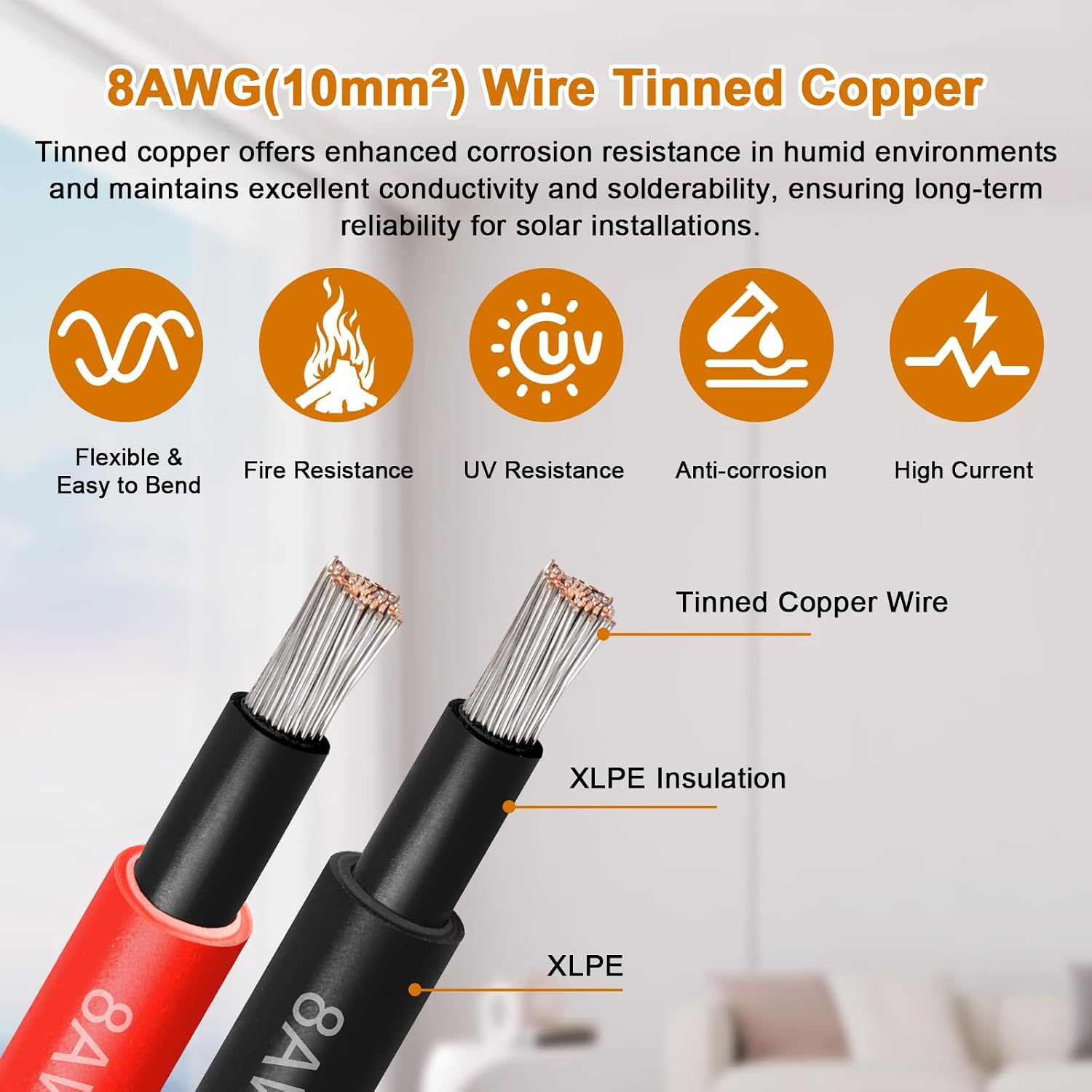 8AWG Solar Cable - 15FT Solar Panel Extension Cord 8 Gauge PV Wire with Flame Retardant Protective Sleeving Female & Male Waterproof Connector for RV, Photovoltaic Systems, Solar Panels (15 Feet)