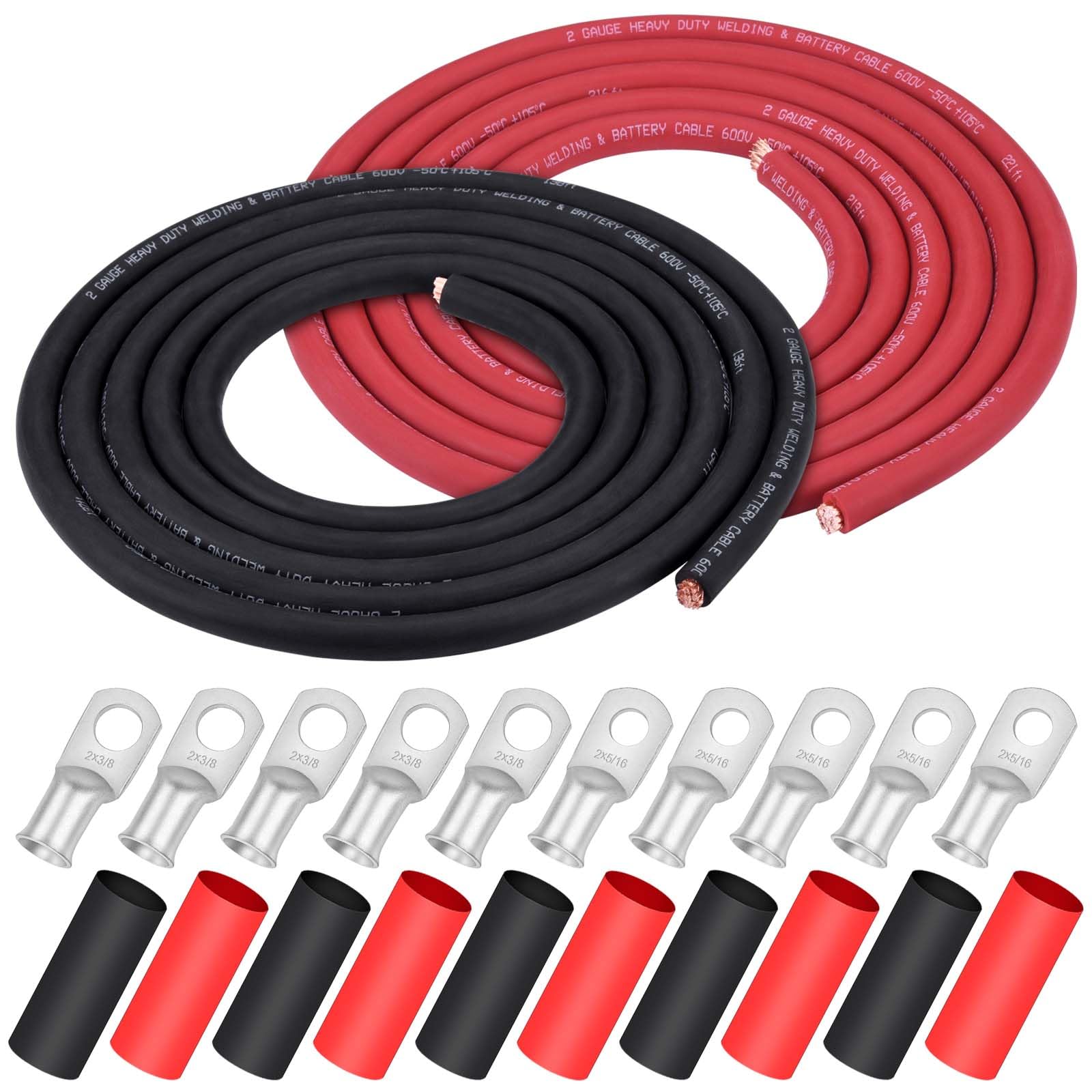 iGreely 4 AWG Gauge Wire Pure Copper Welding Battery Cable for Vehicle Solar,10Ft Black+10Ft Red Flexible OFC Cables with 5pcs of 5/16" & 5pcs 3/8" Copper Lug Terminal Connector Heat Shrink Tubing