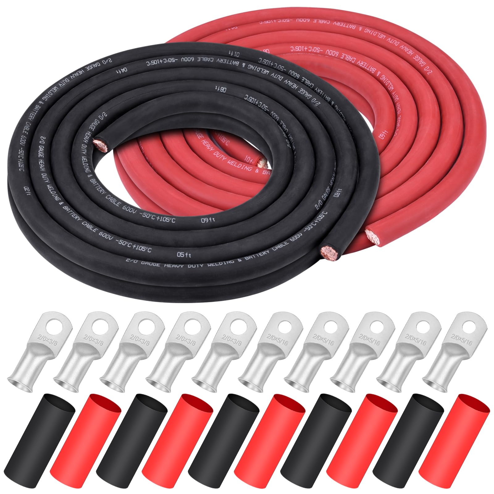 iGreely 4 AWG Gauge Wire Pure Copper Welding Battery Cable for Vehicle Solar,10Ft Black+10Ft Red Flexible OFC Cables with 5pcs of 5/16" & 5pcs 3/8" Copper Lug Terminal Connector Heat Shrink Tubing