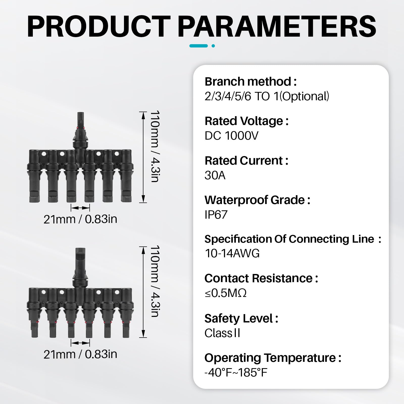 KNMIPJD Solar Panel Connector 6 to 1 T Branch Parallel Adapter, 30A 1000V 10AWG Tool-Free IP67 Waterproof Cable for Solar Panels (T Branch, 6to1(1Pairs))