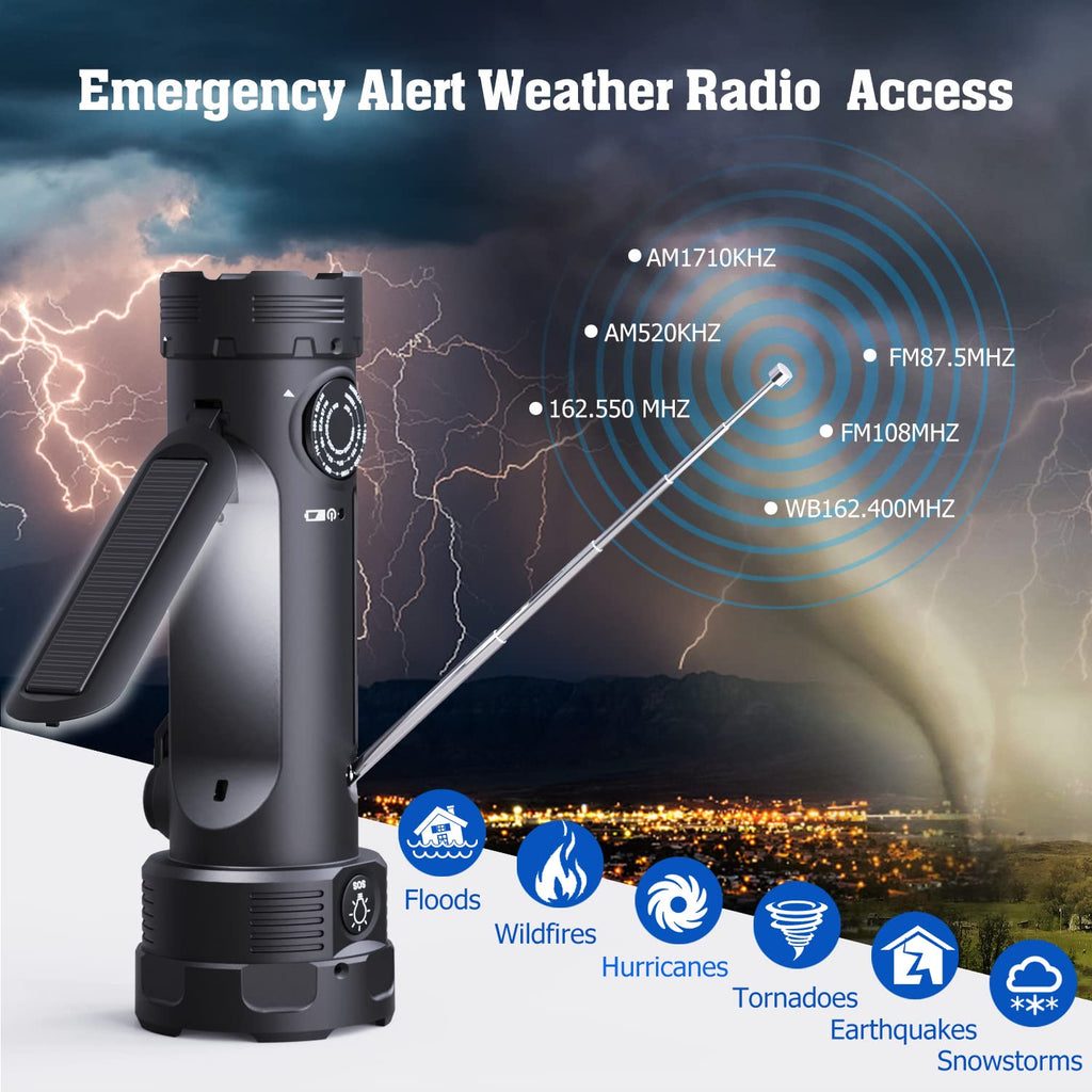 PPLEE Emergency Weather Radio NOAA Certified, Hand Crank Solar Flashlight Radio with Cell Phone Charger, Portable AM FM Battery Powered Radio, Reading Lamp, SOS Alarm for Hurricane Camping Survival