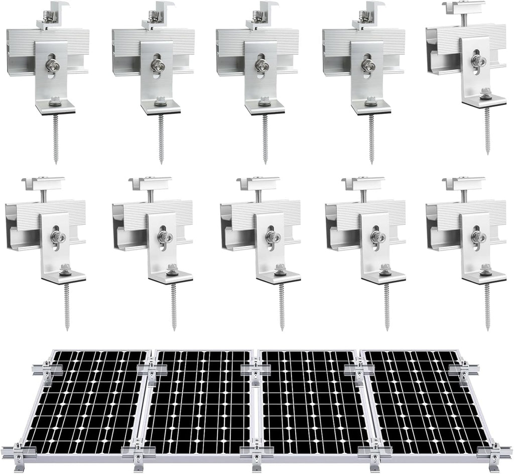 10PCS Solar Panel Mounting Brackets, Solar Panel Mount for 1-4PCS Thickness 1.4” Solar Panels, Solar Panel Brackets with 10x 6 Mini Rails 4X Water Drain Clips for Shingle,Slate,Metal and Tin Roof