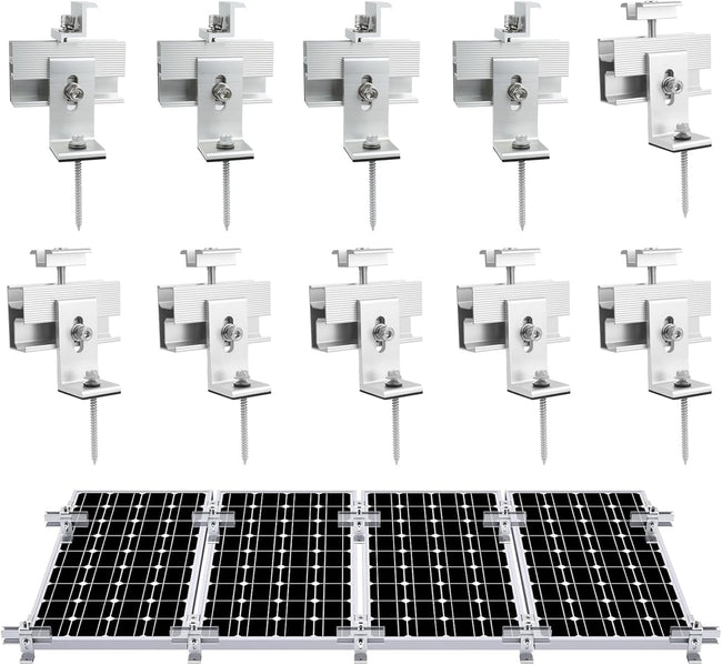 10PCS Solar Panel Mounting Brackets, Solar Panel Mount for 1-4PCS Thickness 1.4” Solar Panels, Solar Panel Brackets with 10x 6 Mini Rails 4X Water Drain Clips for Shingle,Slate,Metal and Tin Roof Hover Image