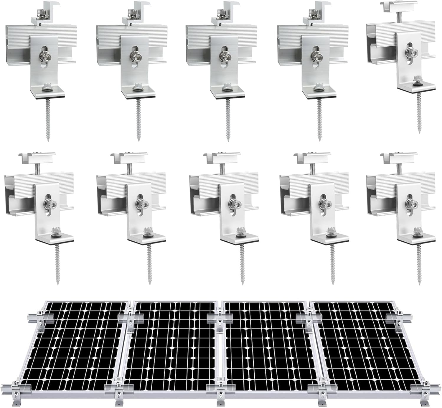 10PCS Solar Panel Mounting Brackets, Solar Panel Mount for 1-4PCS Thickness 1.4” Solar Panels, Solar Panel Brackets with 10x 6 Mini Rails 4X Water Drain Clips for Shingle,Slate,Metal and Tin Roof