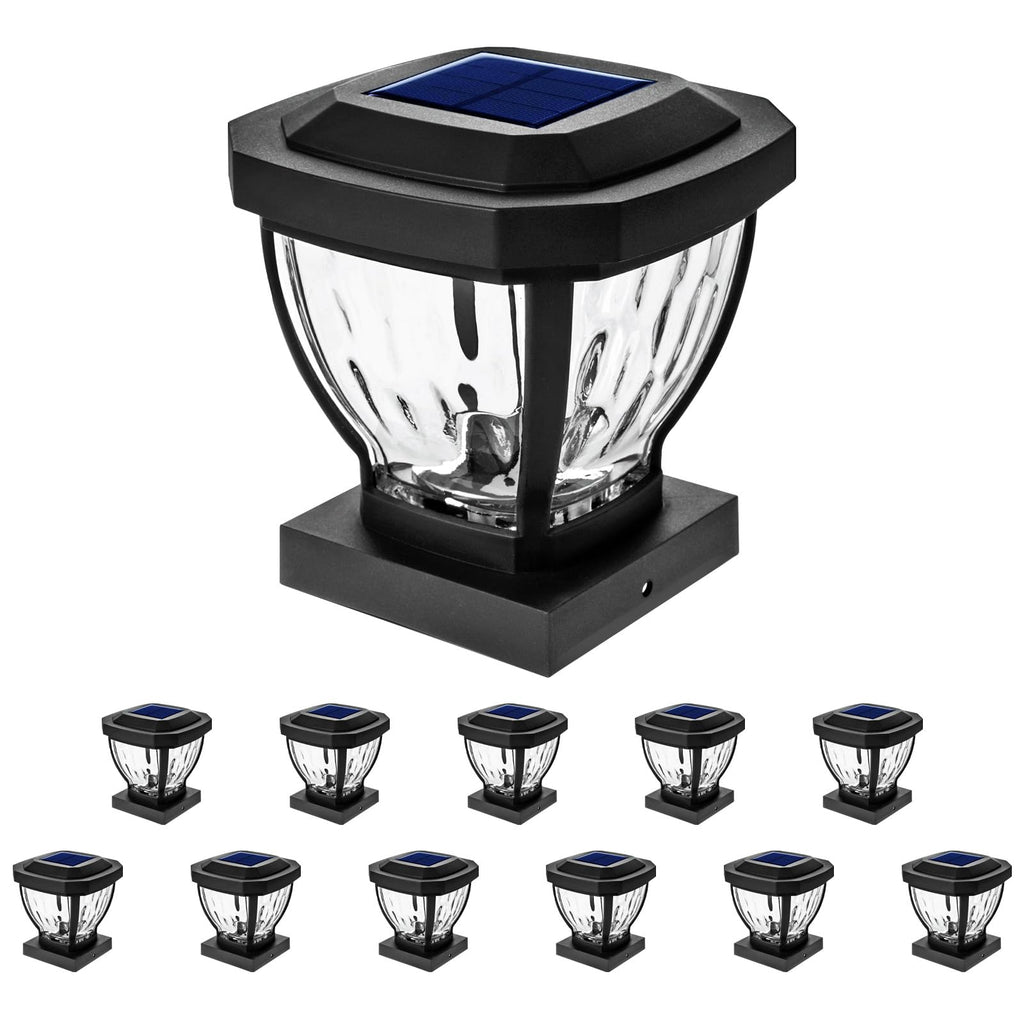 Home Zone Security Solar Post Cap Lights - Decorative Glass LED Outdoor Fits 3.5 x 3.5 in. Post Lights, Black (2-Pack)